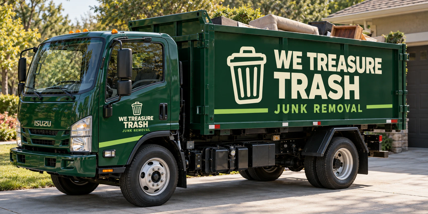 Approved forest-green We Treasure Trash open-top junk removal truck with cream lettering and lime accents